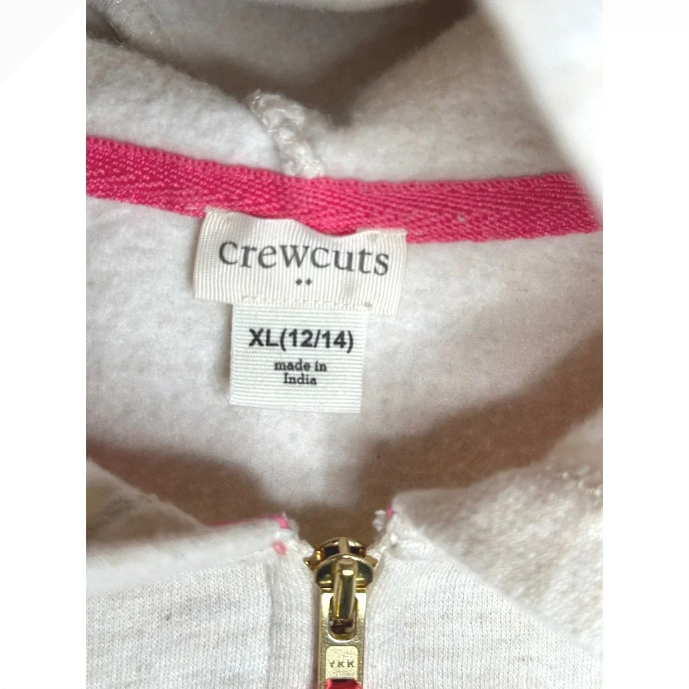 Crewcuts‎ J Crew Girls XL 12-14 Oatmeal Heather Fleece Zip Up Hoodie Pink Trim